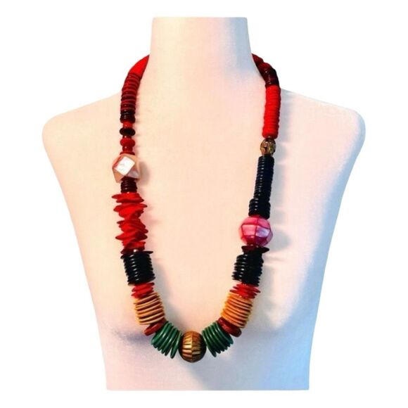 Vintage 90s Beaded Necklace Rainbow Wood Stone Beads Chunky Copper Tone Metal - Picture 1 of 5